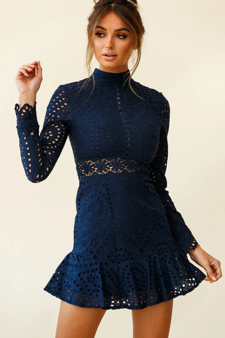 Anglaise Embroidered Long Sleeve Turtleneck Dress Navy