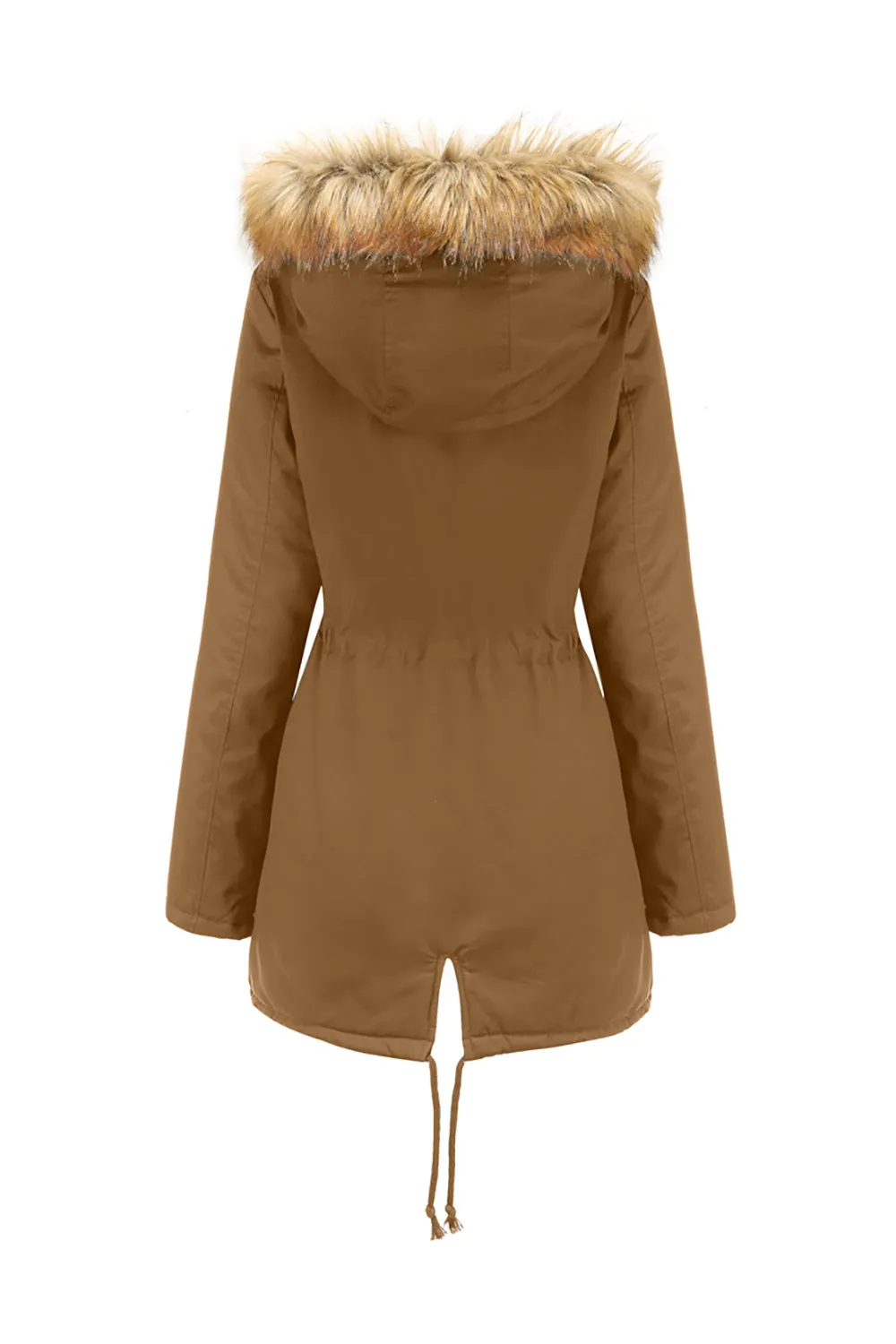 Army Green Fur Collar Drawstring Waist Thickened Mid Coat