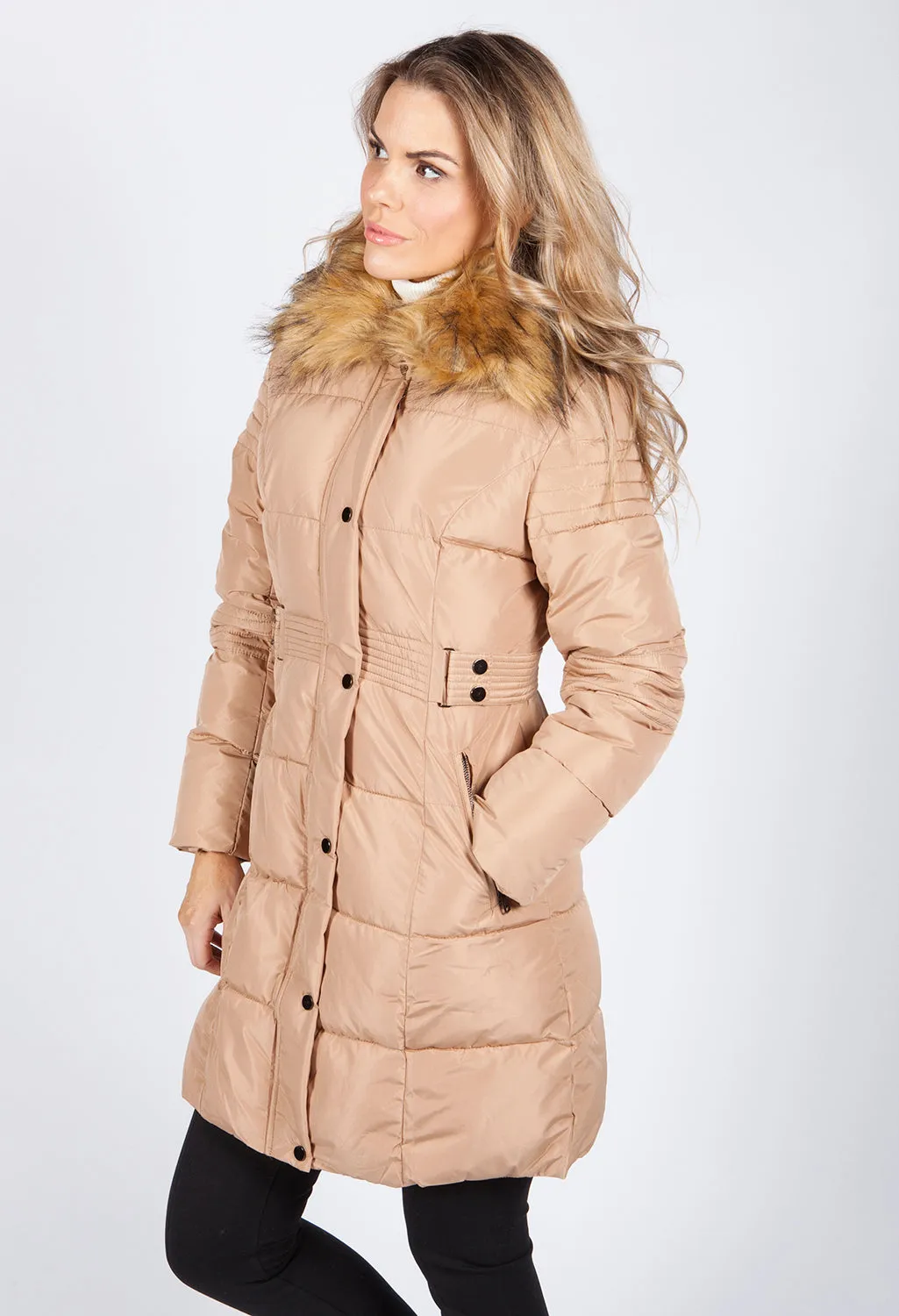 Beige Belted Coat with Detachable Faux Fur Collar