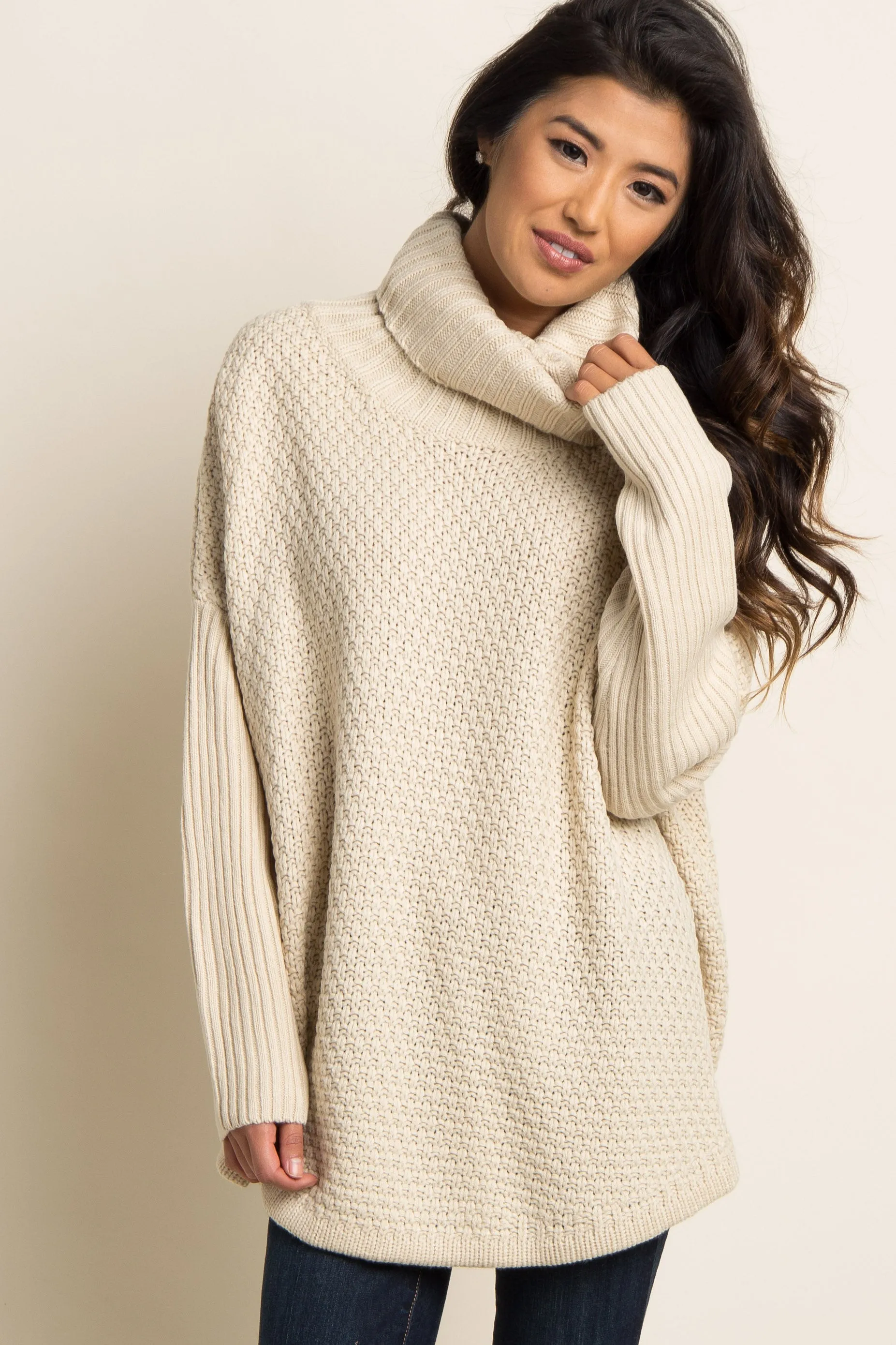 Beige Cowl Neck Knit Maternity Sweater