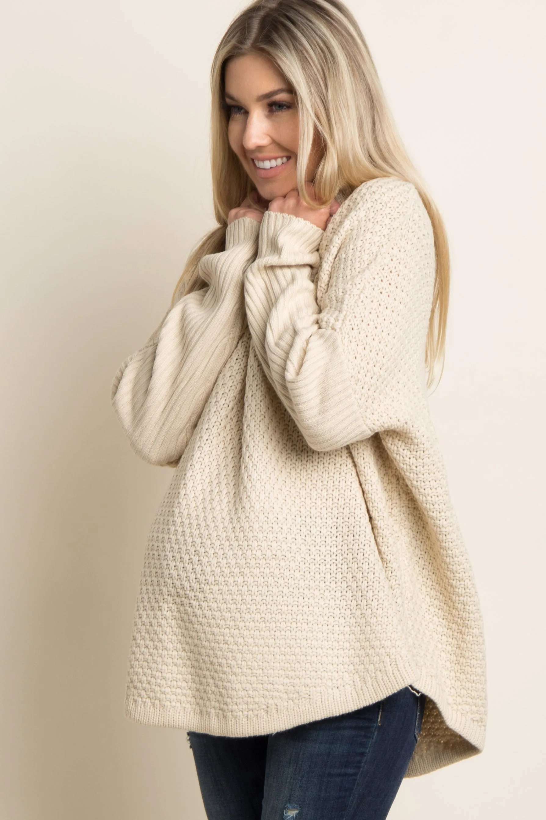 Beige Cowl Neck Knit Maternity Sweater