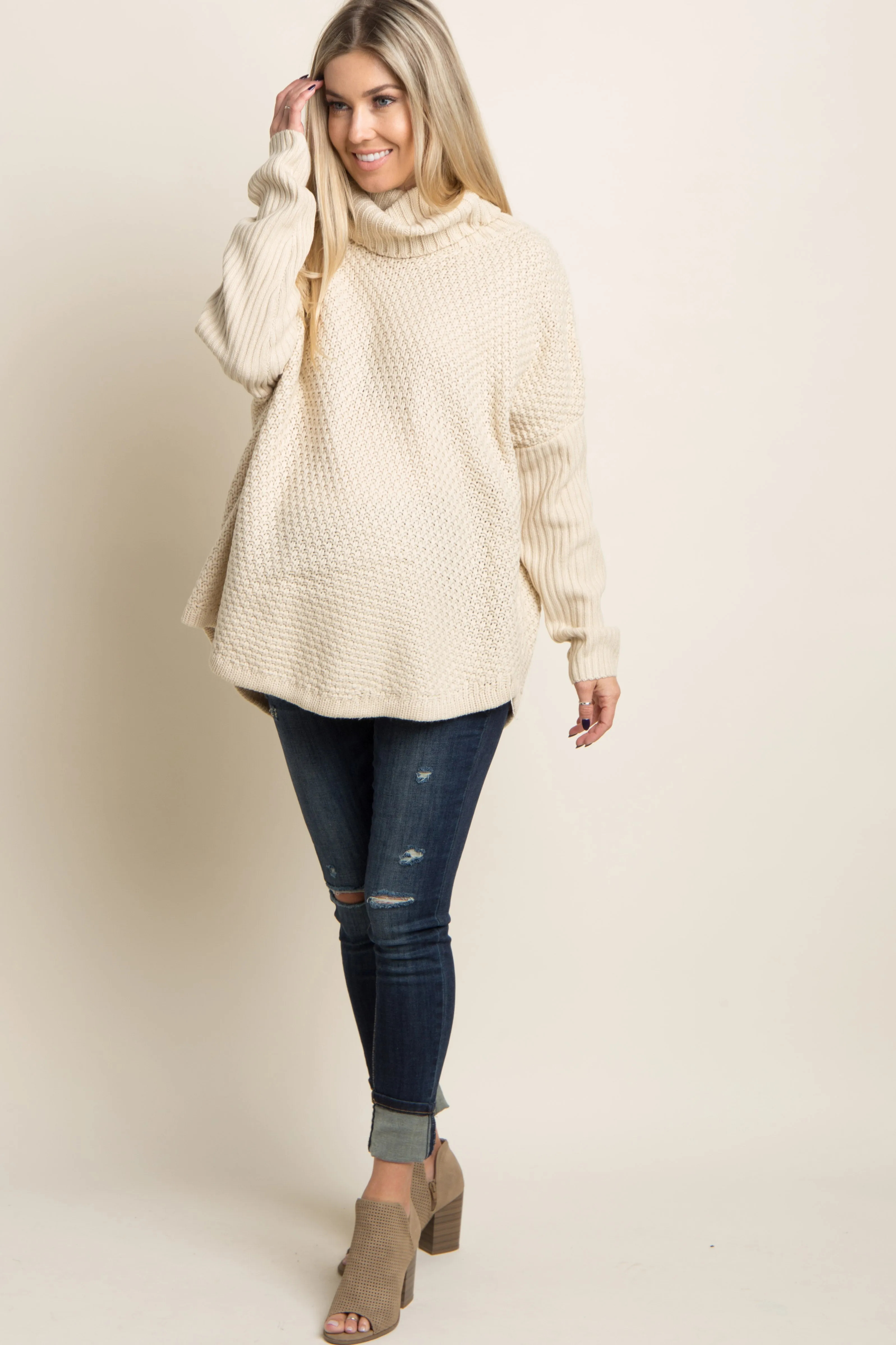 Beige Cowl Neck Knit Maternity Sweater