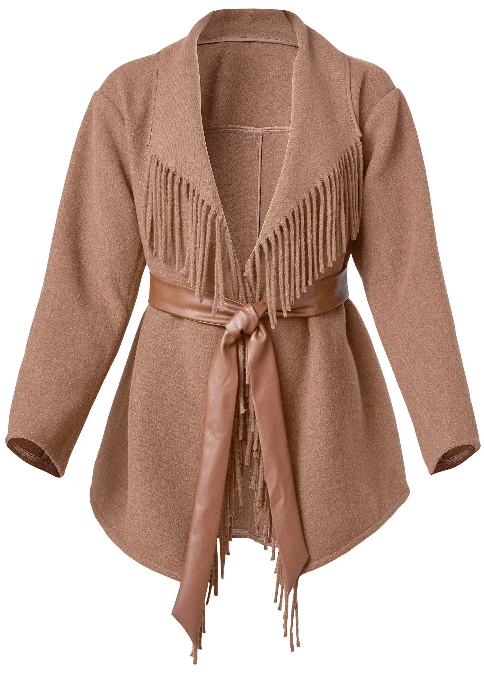 Belted Fringe Coat - Camel