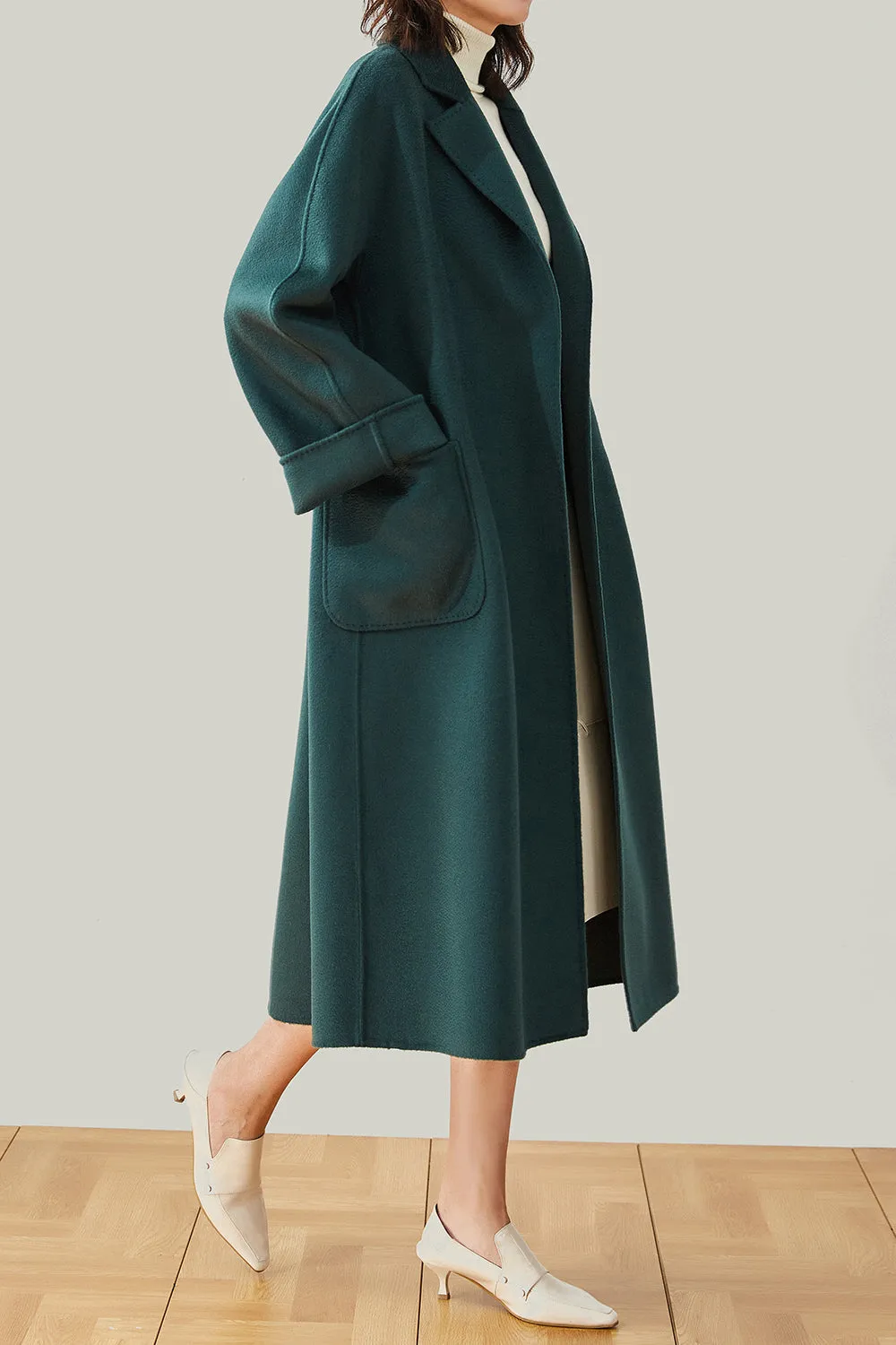 Black Lapel Neck Belted Wool Coat With Pockets