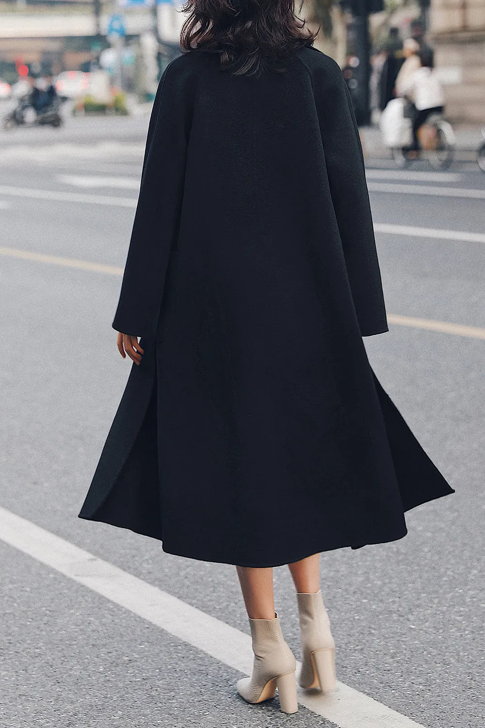 Black Lapel Neck Belted Wool Coat With Pockets