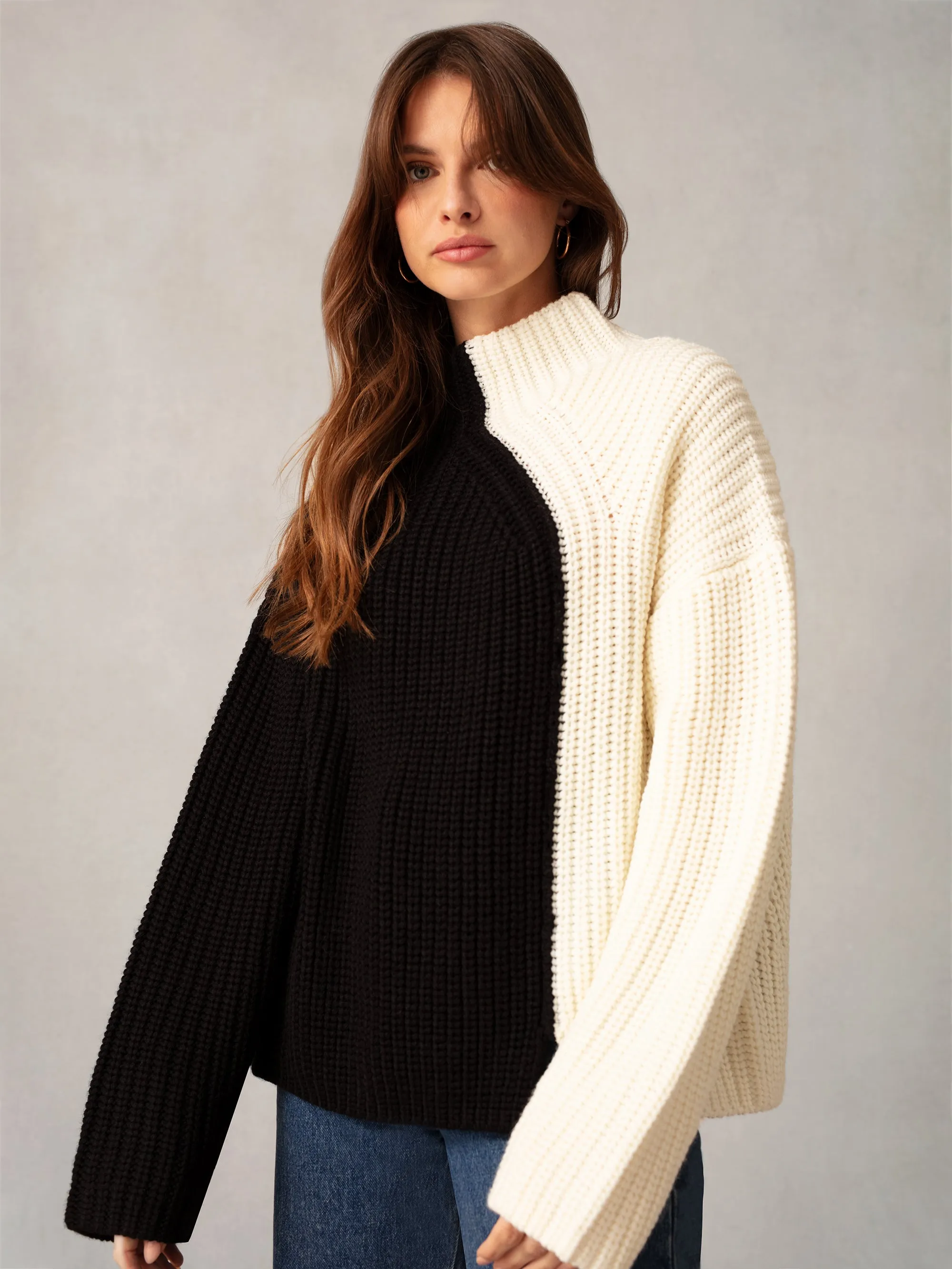 Black Two Tone Oversized Turtleneck Jumper