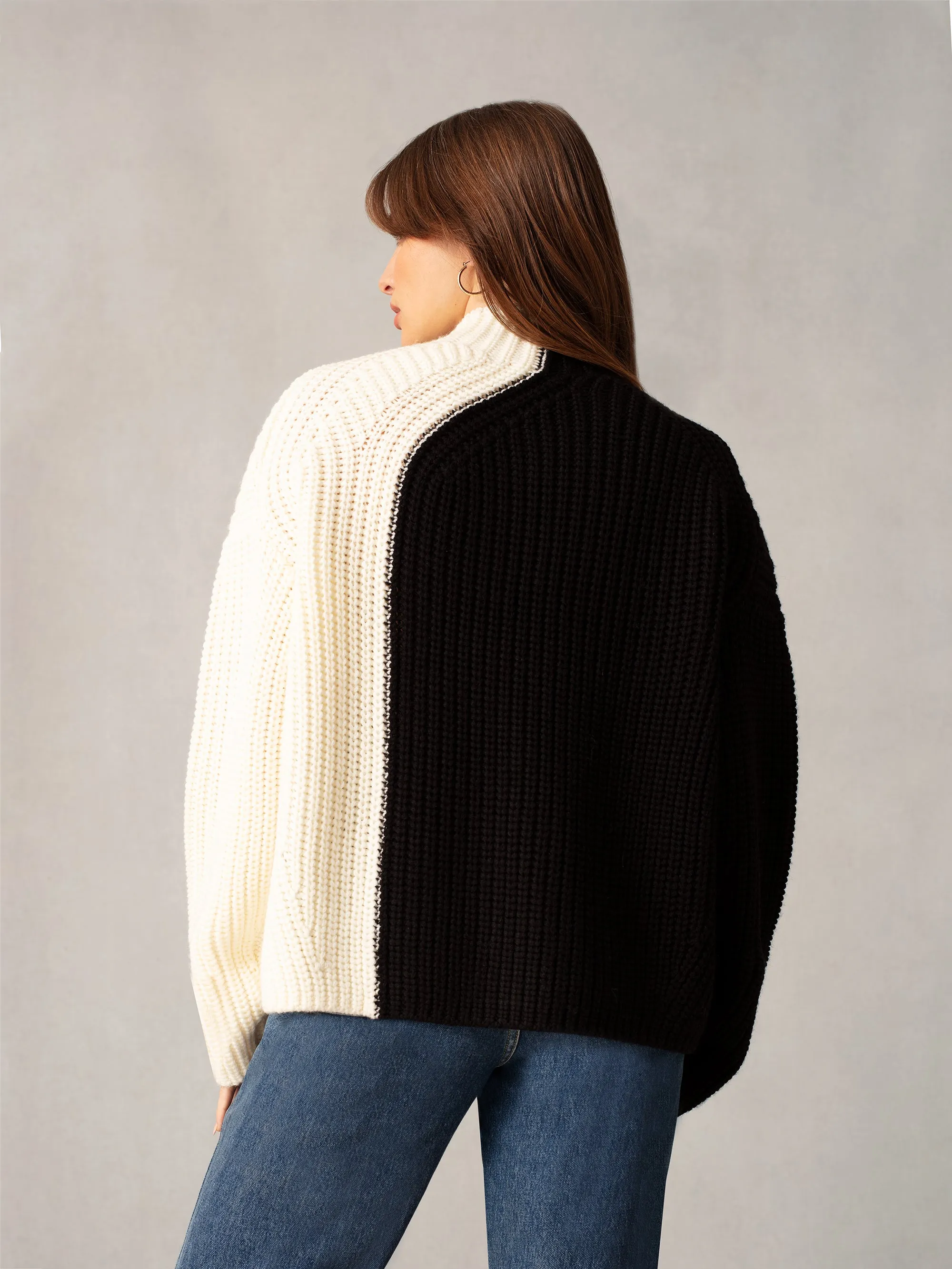 Black Two Tone Oversized Turtleneck Jumper