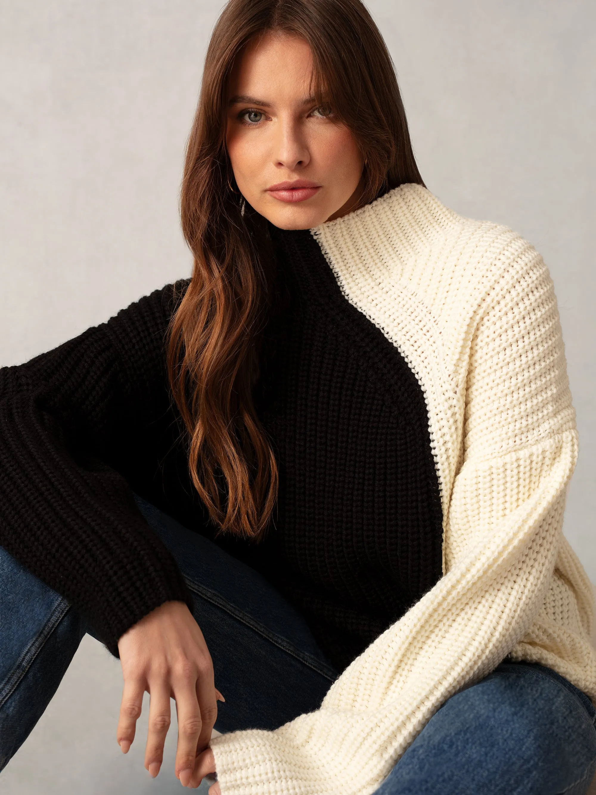 Black Two Tone Oversized Turtleneck Jumper