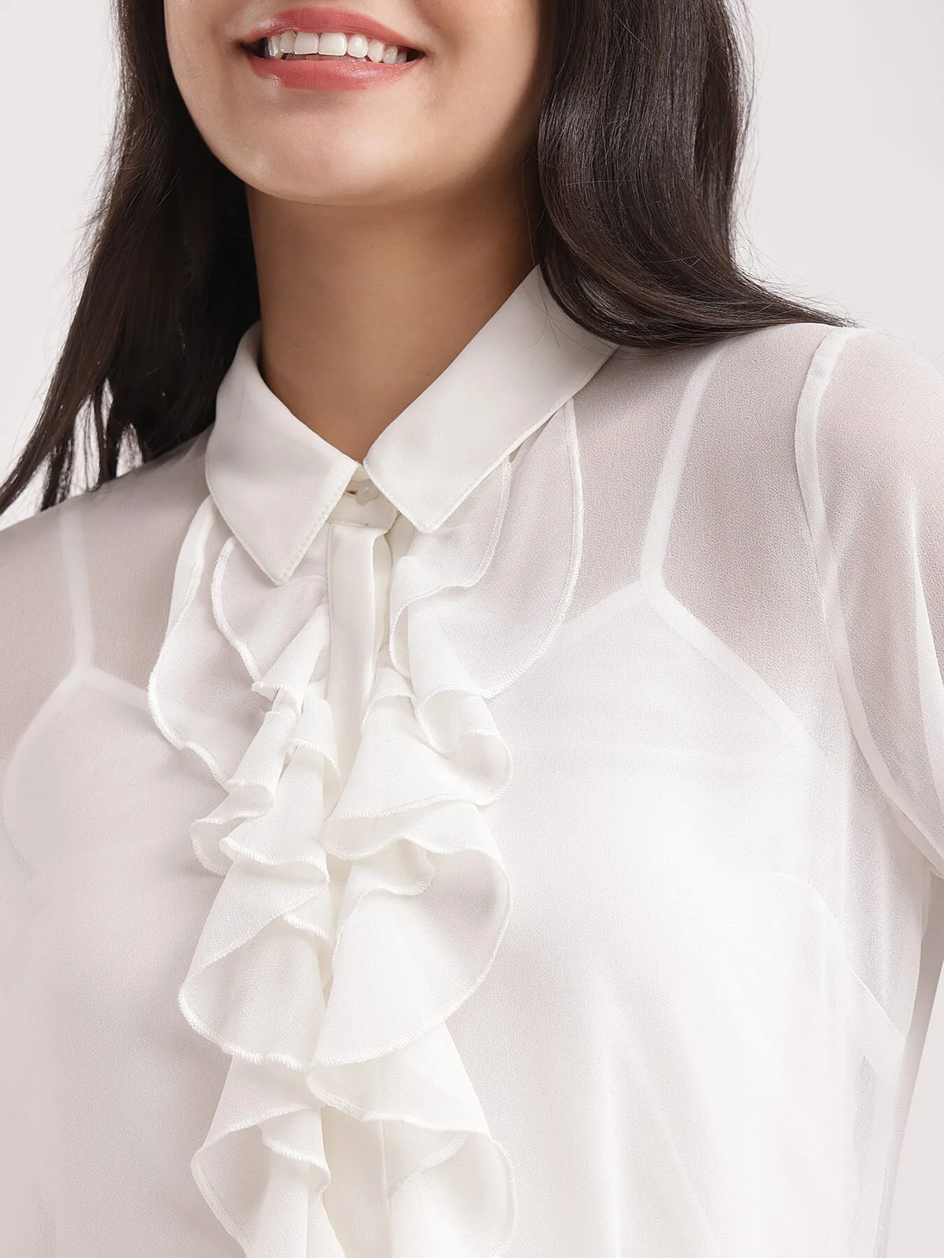 Button Down Ruffle Top - White