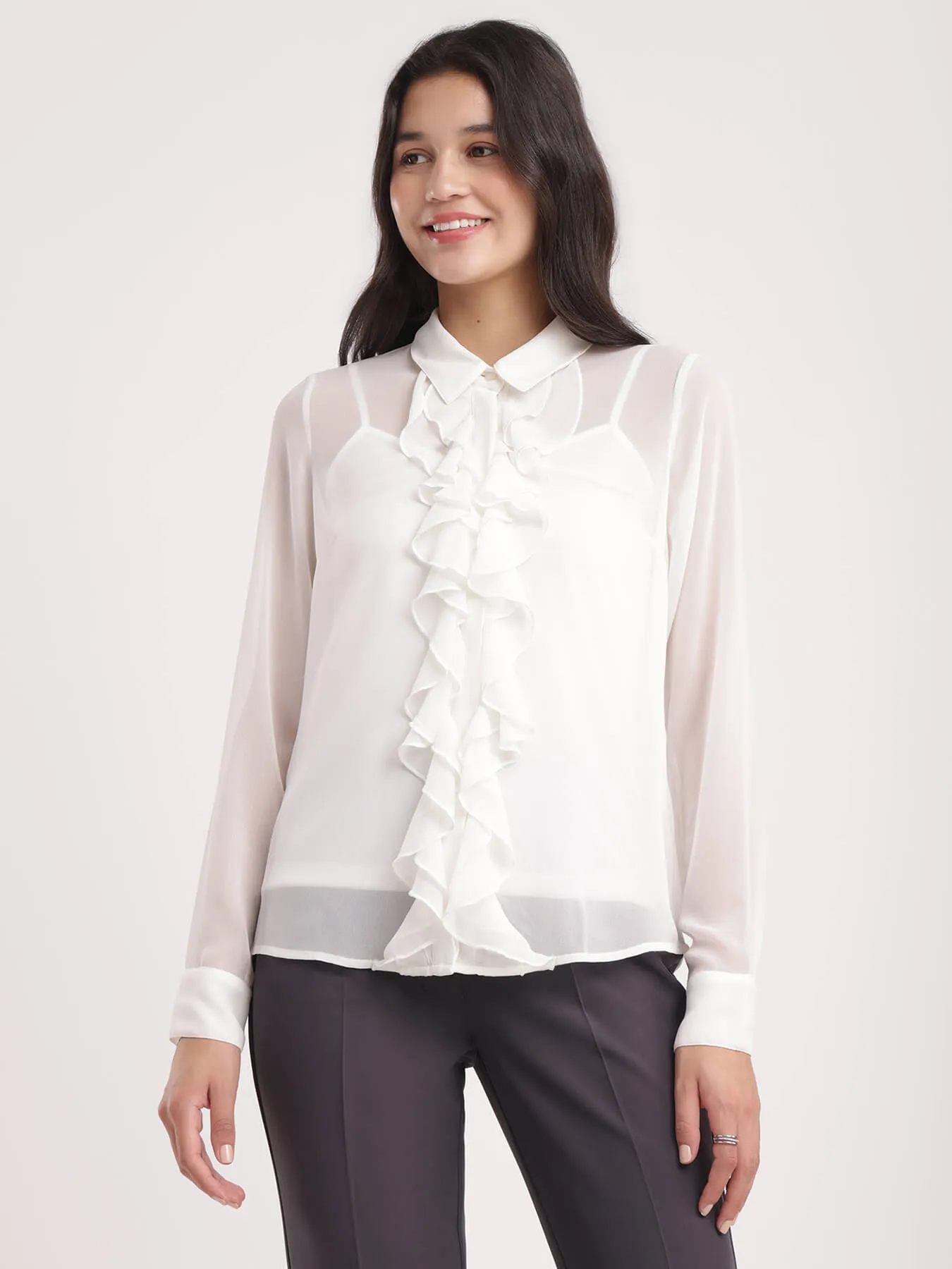 Button Down Ruffle Top - White