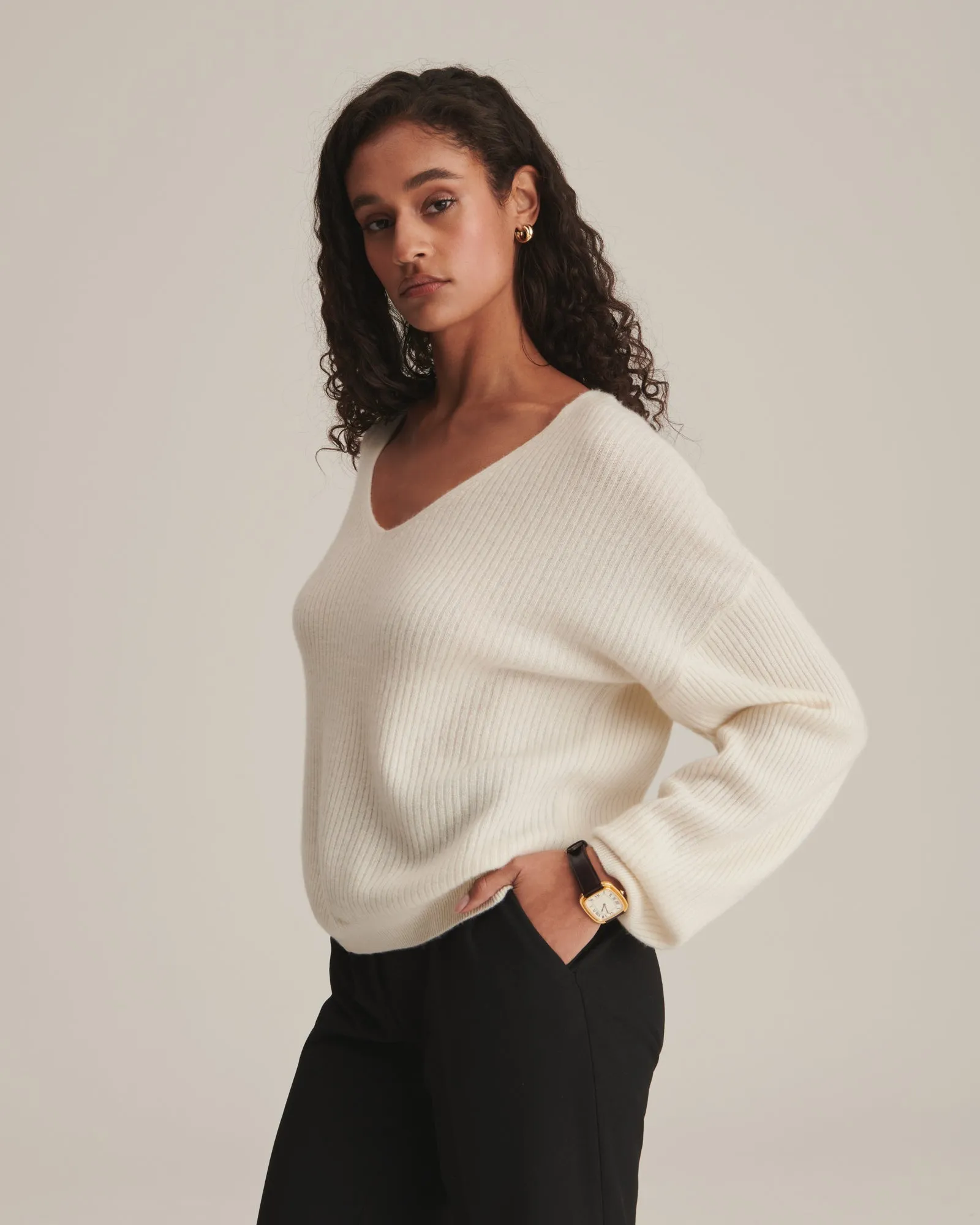 Cashmere Oversized Ribbed V-Neck Sweater