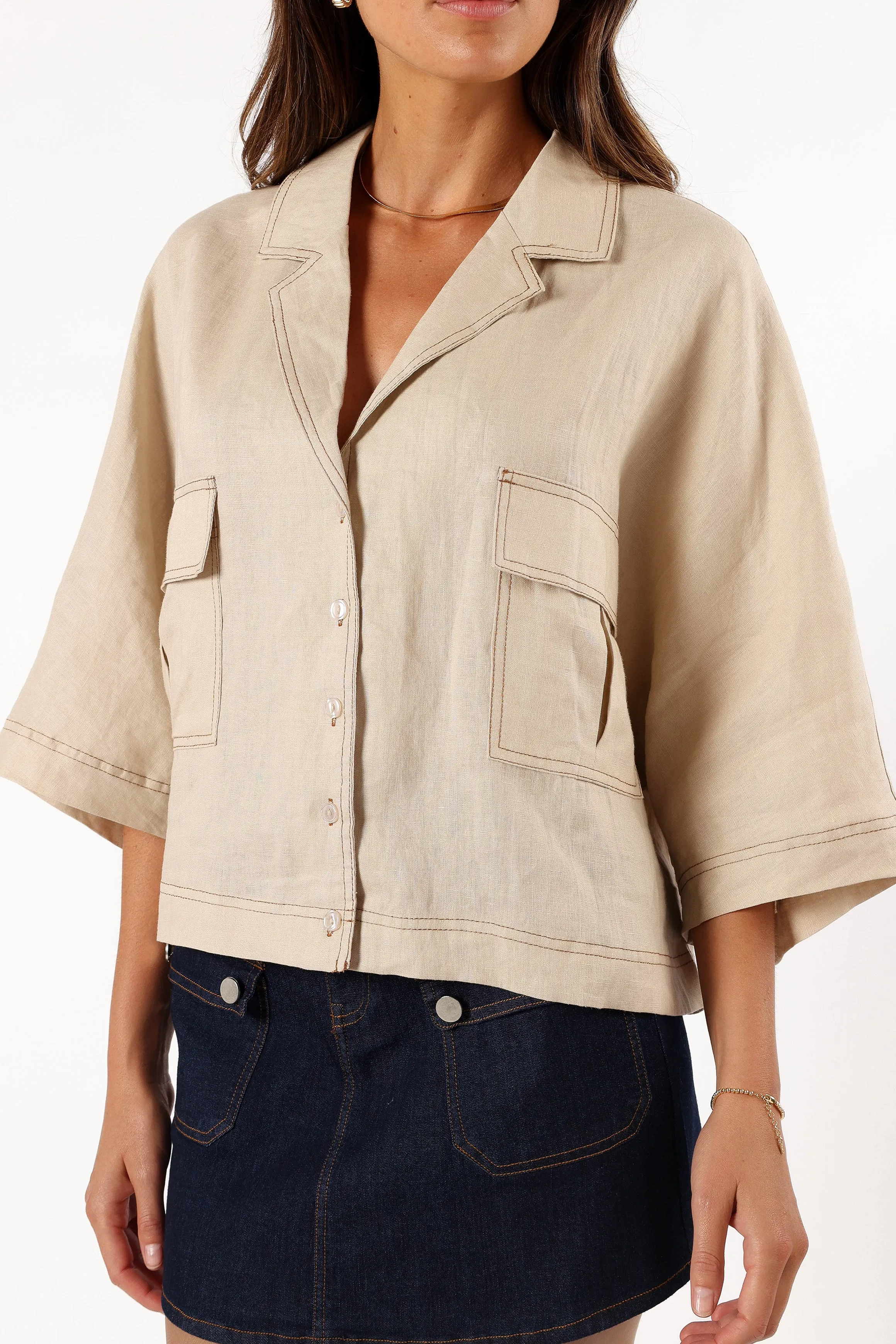 Charleston Button Down Top - Beige