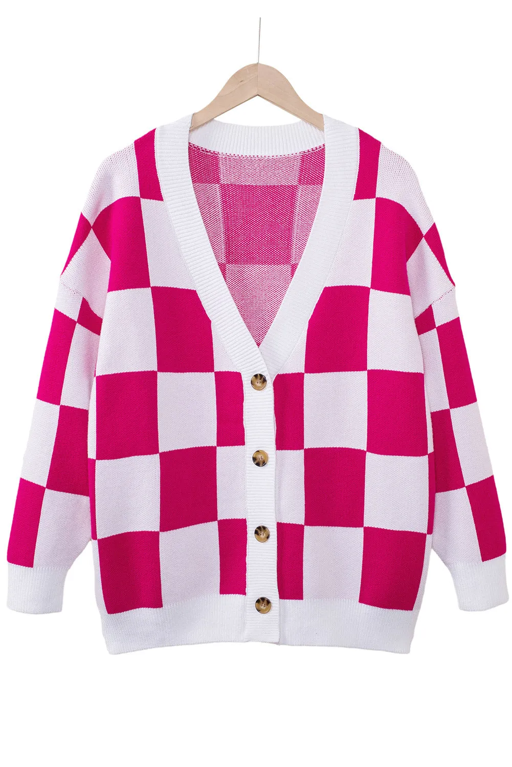 Contrast Checkered Print Button Up Sweater Cardigan