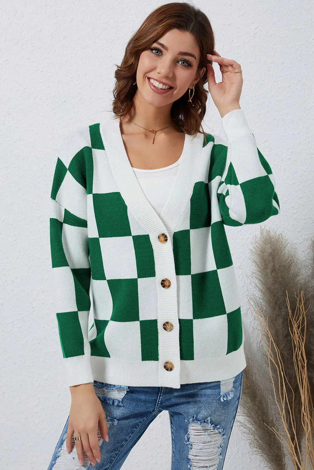 Contrast Checkered Print Button Up Sweater Cardigan