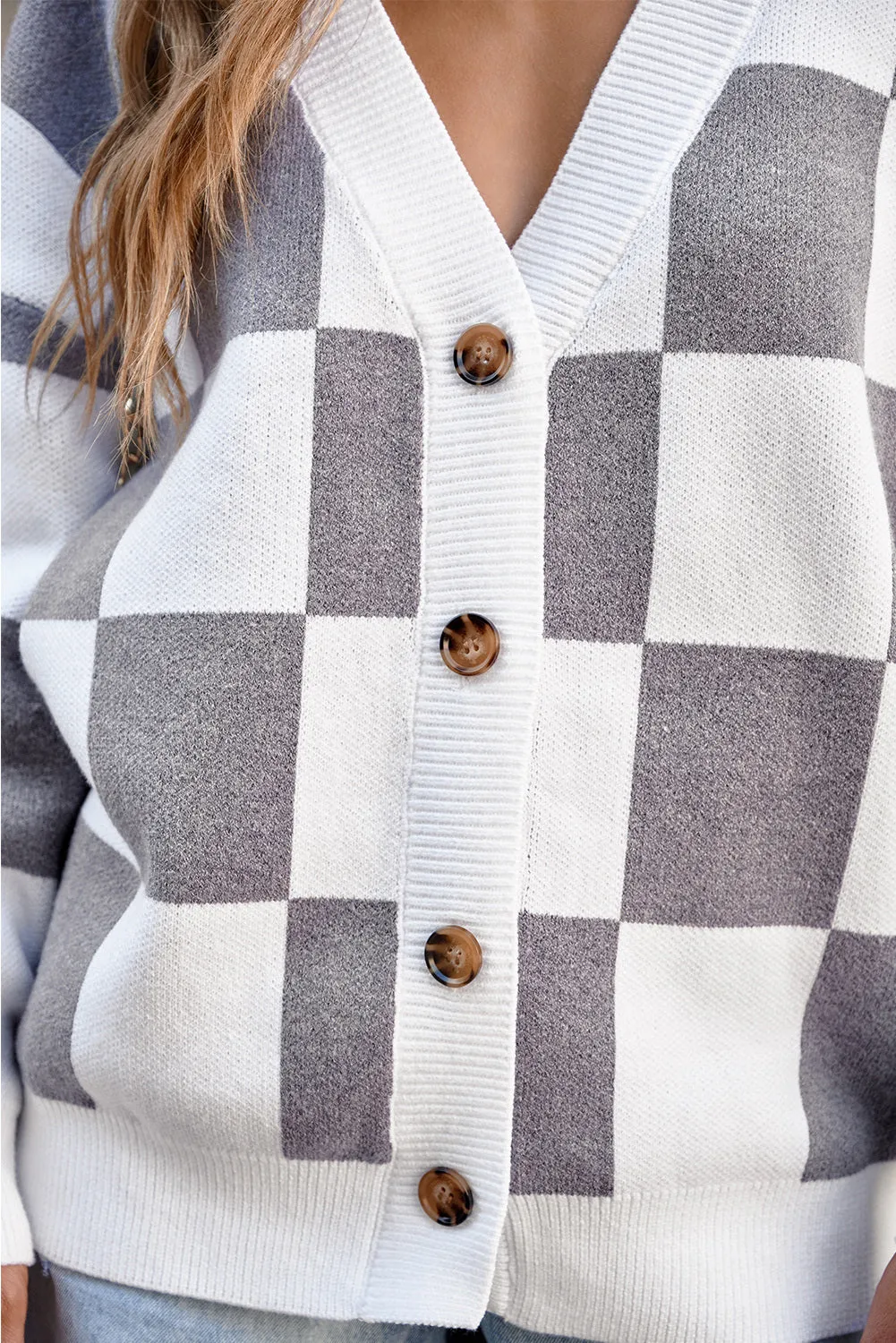 Contrast Checkered Print Button Up Sweater Cardigan