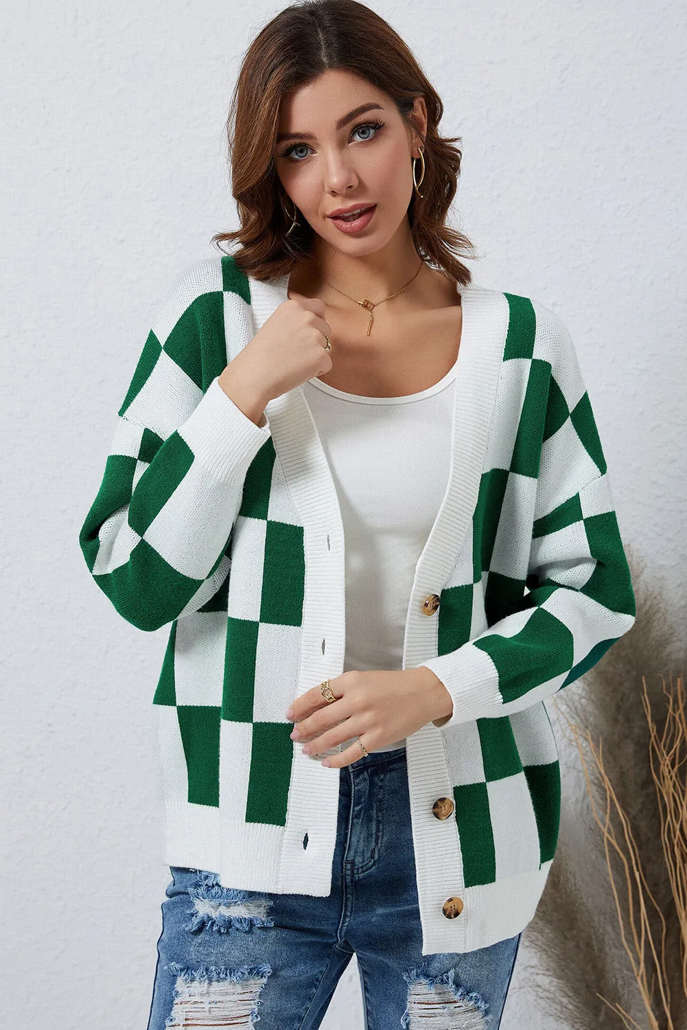 Contrast Checkered Print Button Up Sweater Cardigan