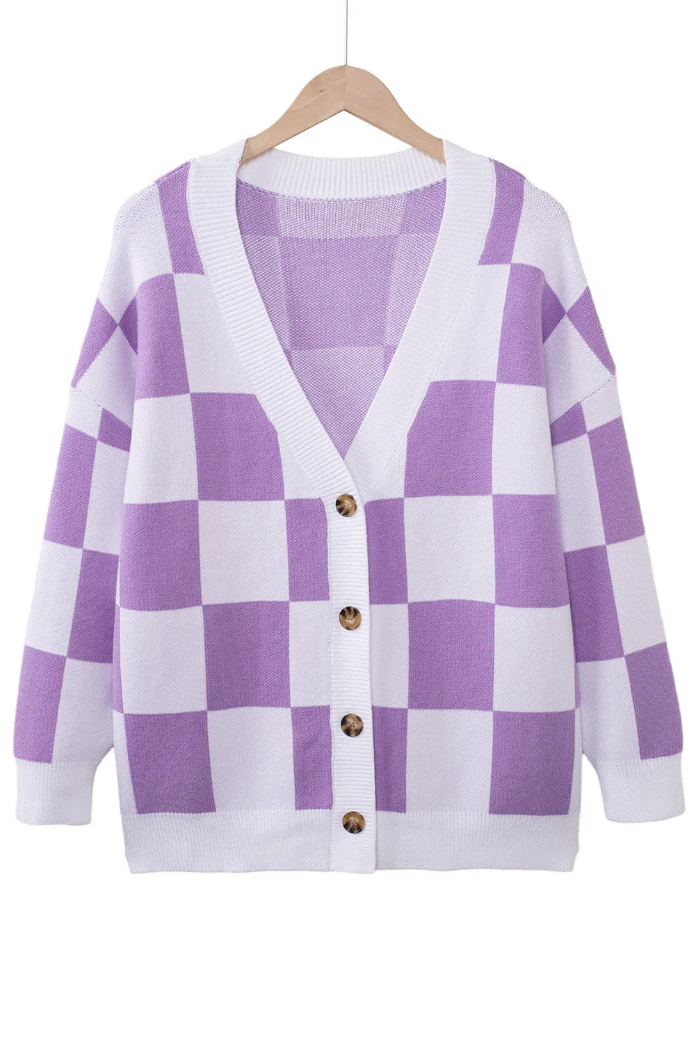 Contrast Checkered Print Button Up Sweater Cardigan