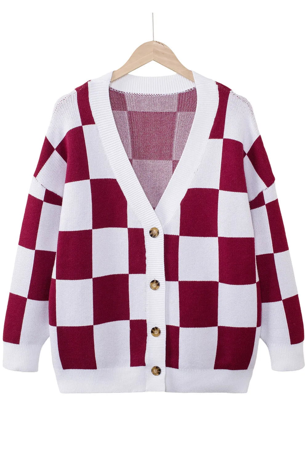 Contrast Checkered Print Button Up Sweater Cardigan