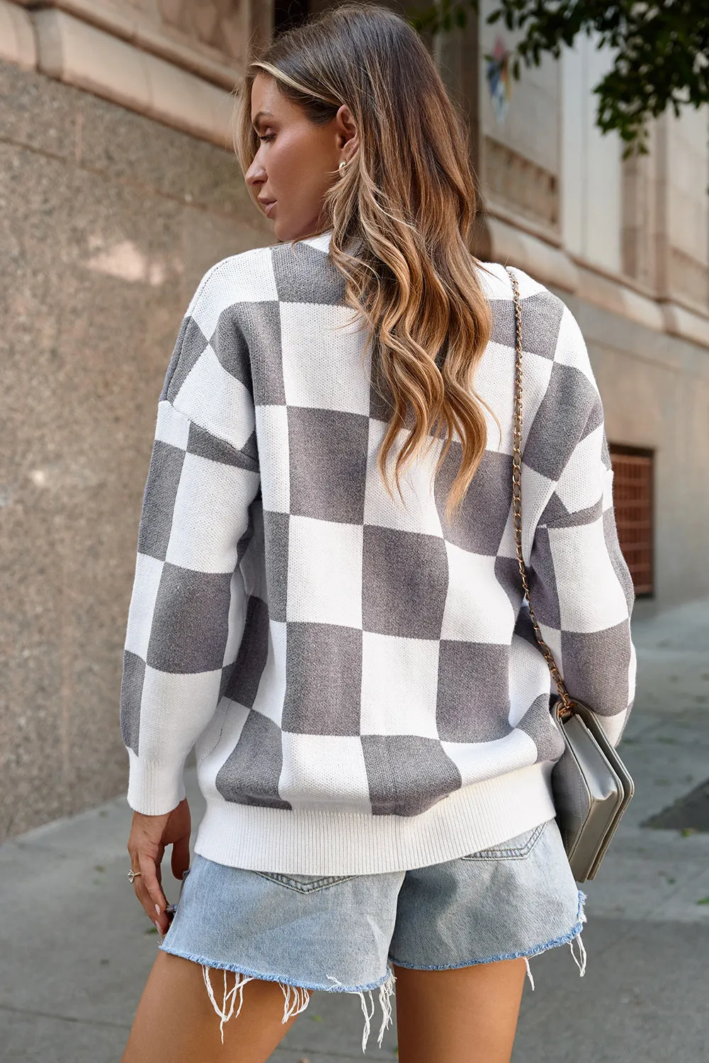 Contrast Checkered Print Button Up Sweater Cardigan