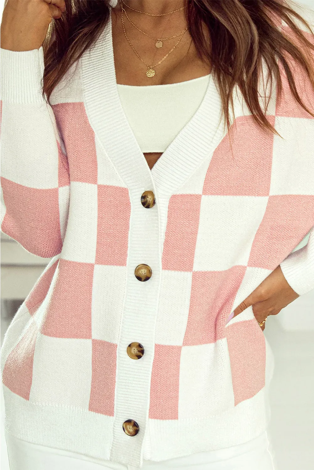 Contrast Checkered Print Button Up Sweater Cardigan