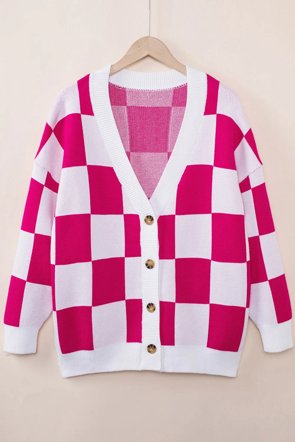 Contrast Checkered Print Button Up Sweater Cardigan