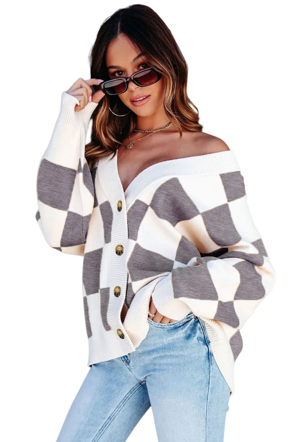 Contrast Checkered Print Button Up Sweater Cardigan