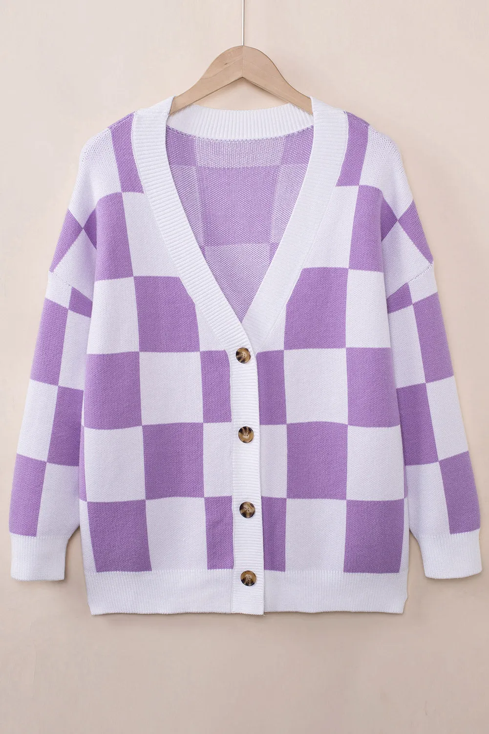 Contrast Checkered Print Button Up Sweater Cardigan