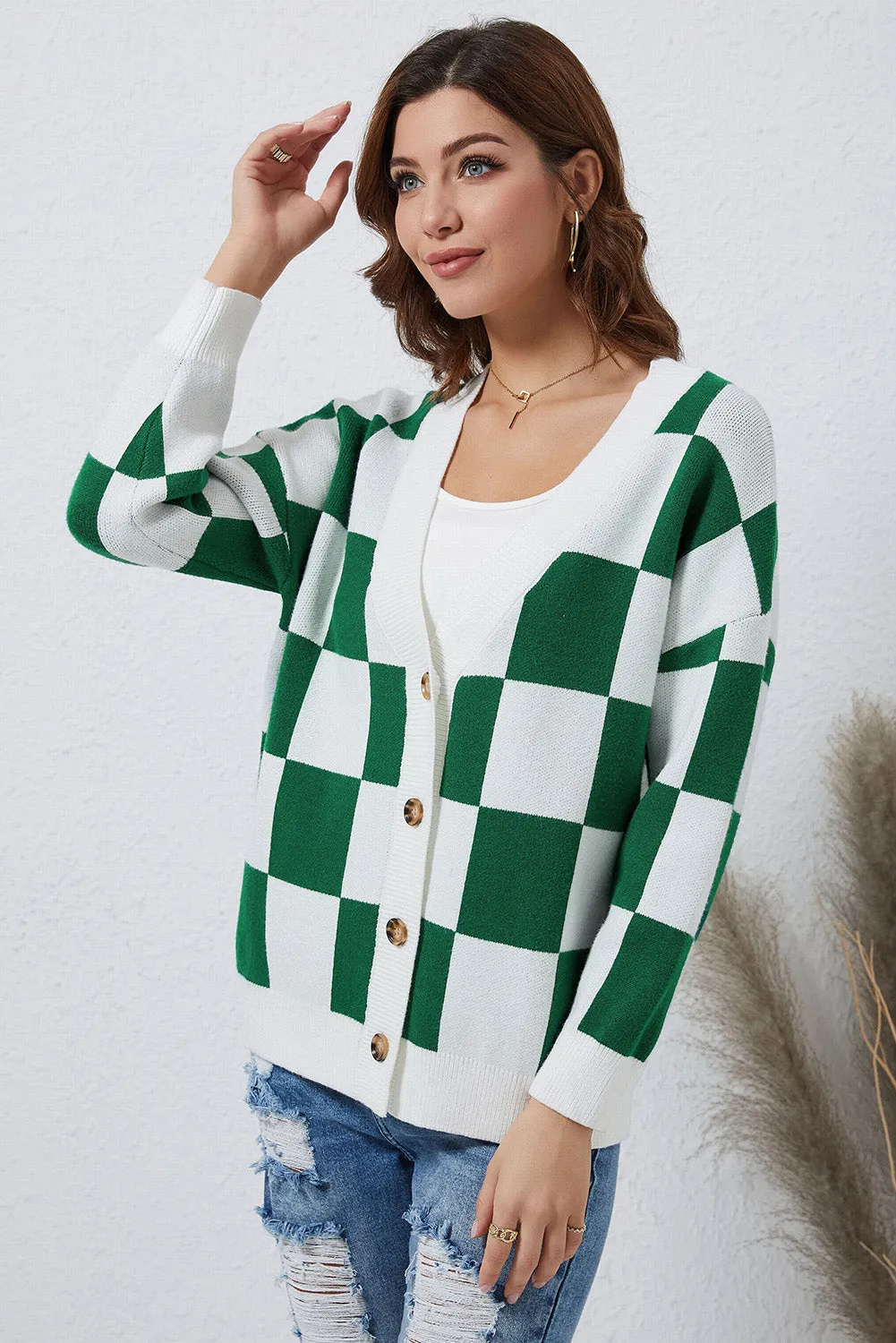 Contrast Checkered Print Button Up Sweater Cardigan