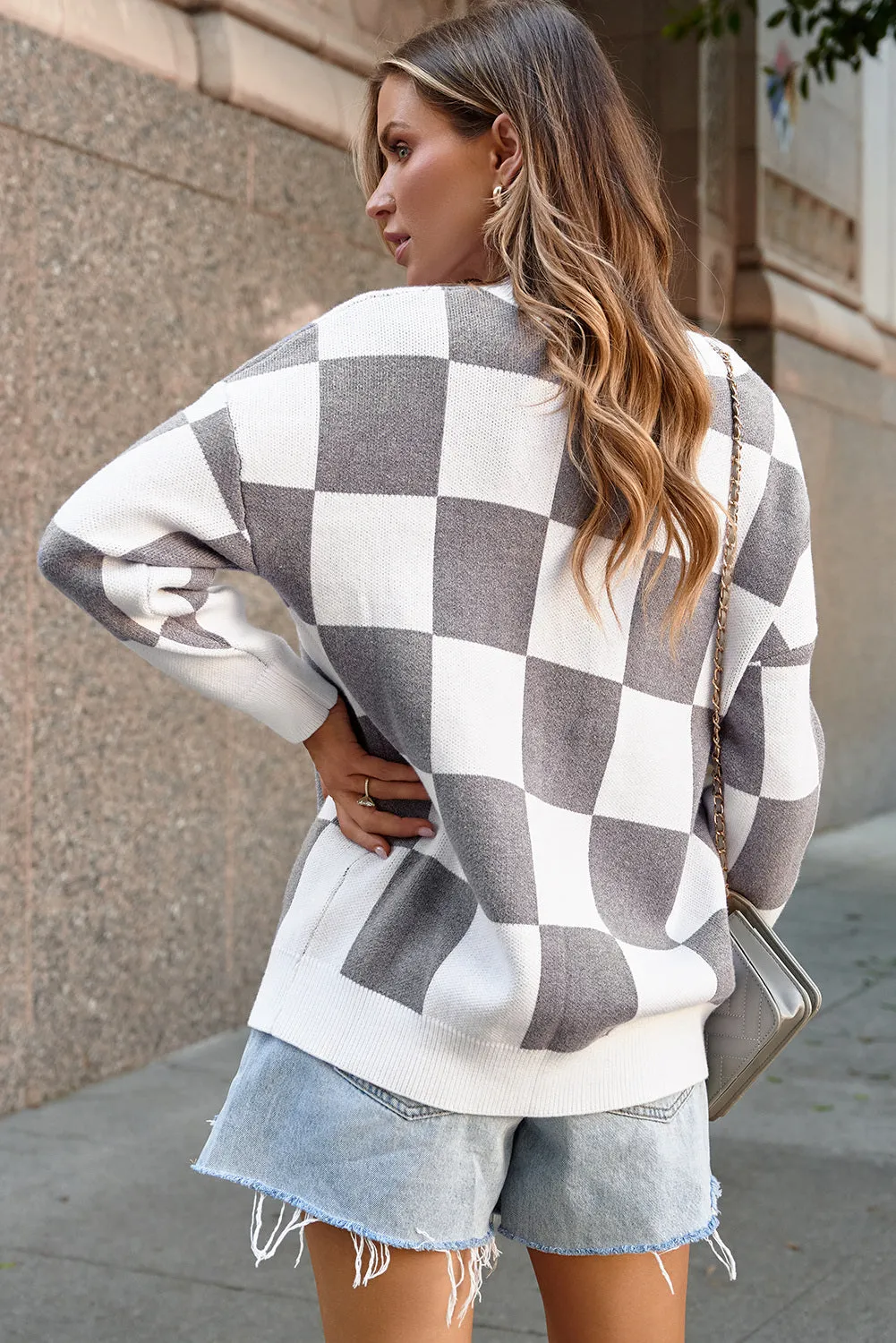 Contrast Checkered Print Button Up Sweater Cardigan