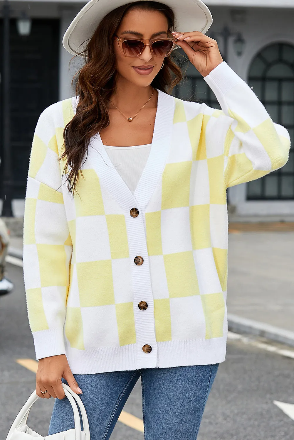 Contrast Checkered Print Button Up Sweater Cardigan