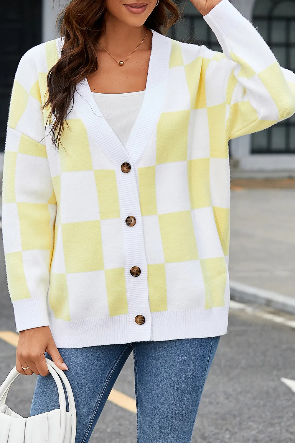 Contrast Checkered Print Button Up Sweater Cardigan