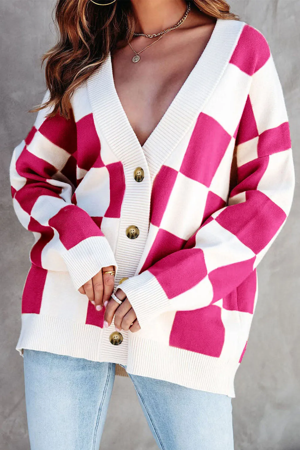 Contrast Checkered Print Button Up Sweater Cardigan