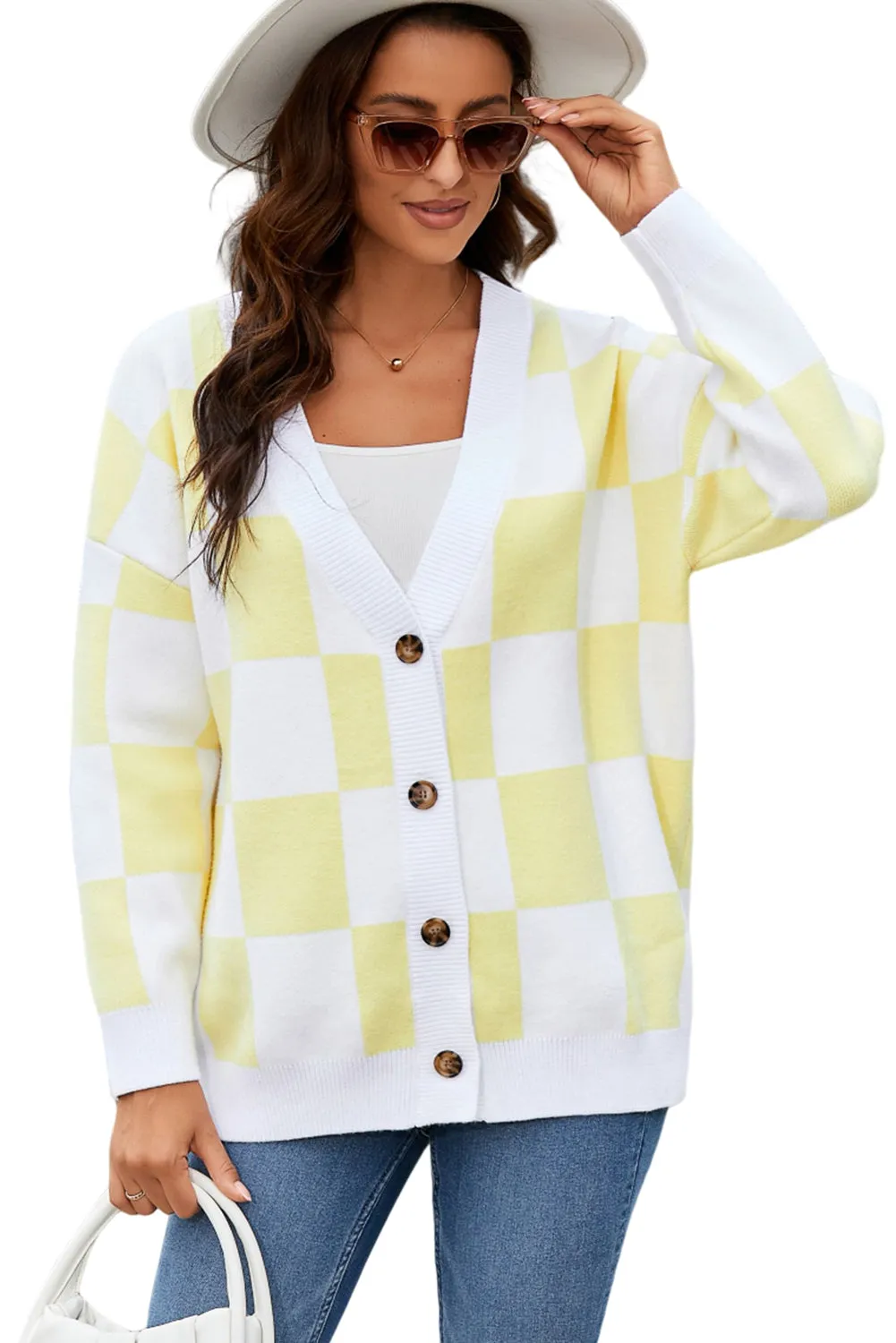 Contrast Checkered Print Button Up Sweater Cardigan