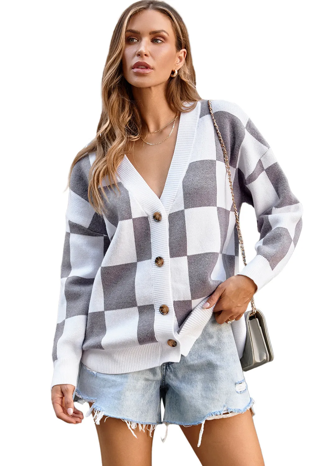 Contrast Checkered Print Button Up Sweater Cardigan