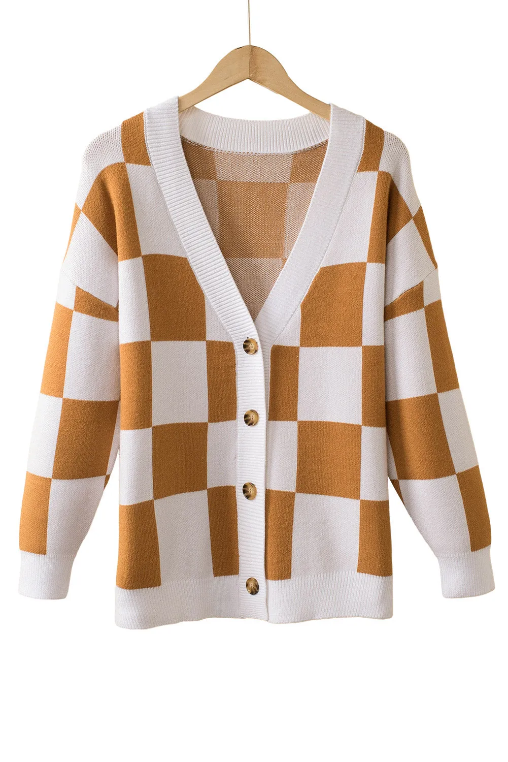 Contrast Checkered Print Button Up Sweater Cardigan