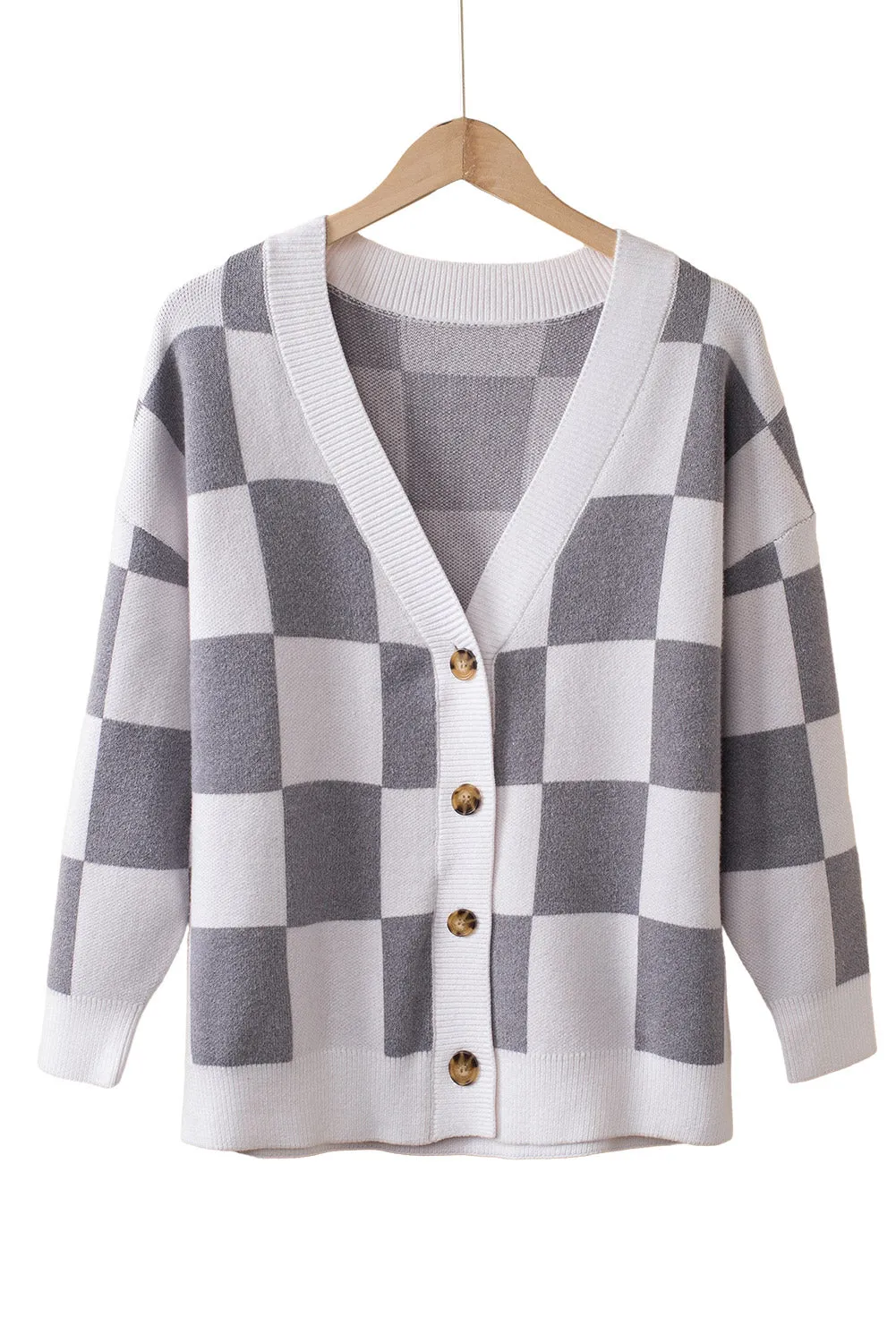 Contrast Checkered Print Button Up Sweater Cardigan