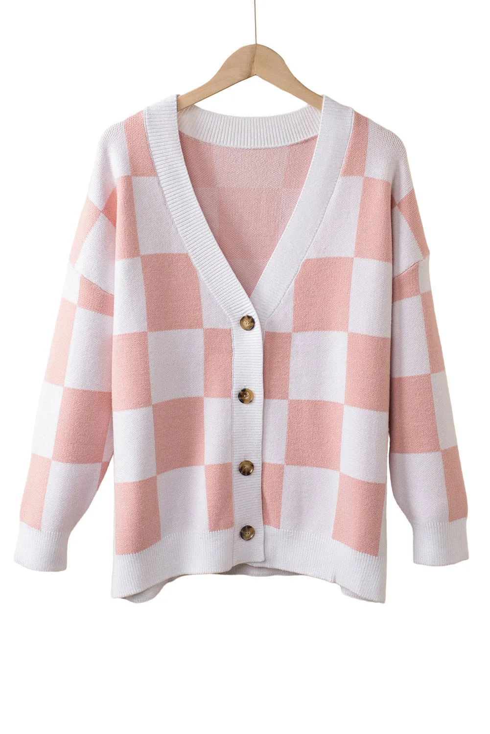 Contrast Checkered Print Button Up Sweater Cardigan