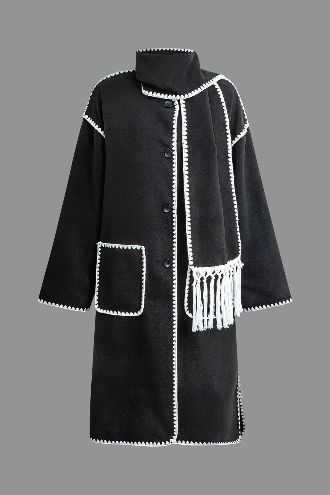 Contrast Trim Patch Pocket Button Coat With Tassel Scarf