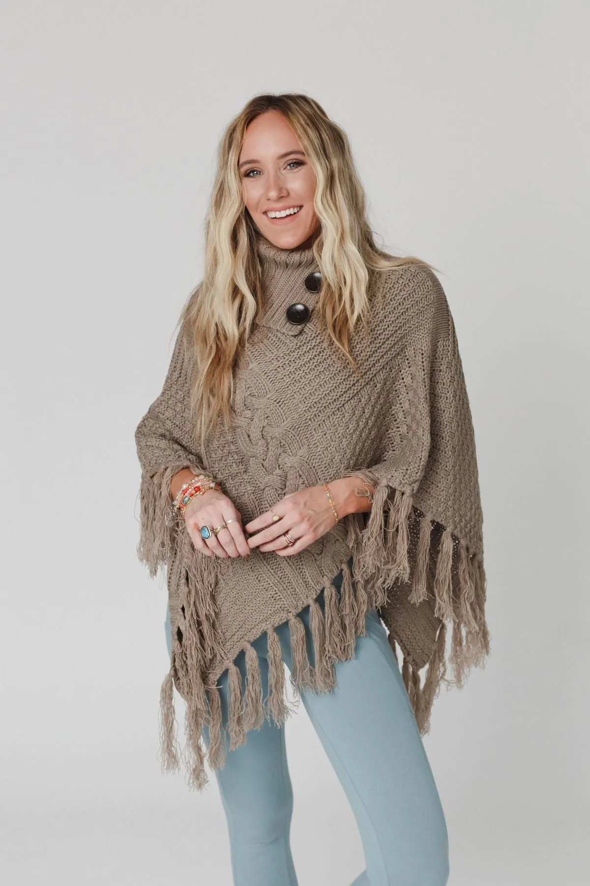 Cozy Cabin Turtleneck Poncho - Mocha