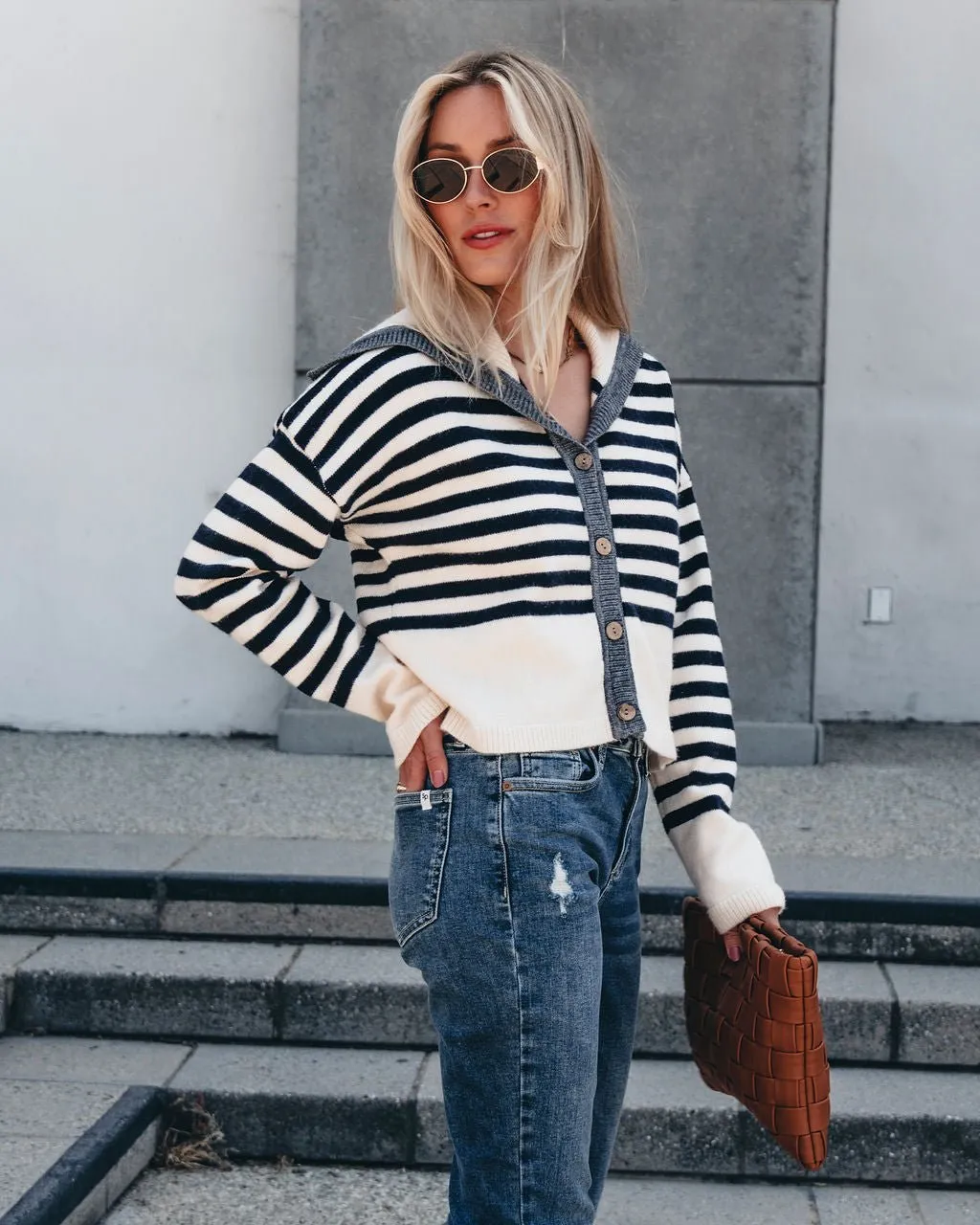 Cream and Navy Striped Sweater Cardigan