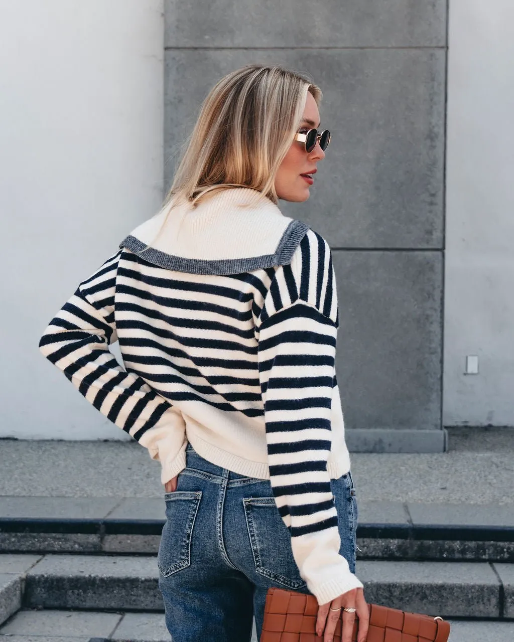 Cream and Navy Striped Sweater Cardigan