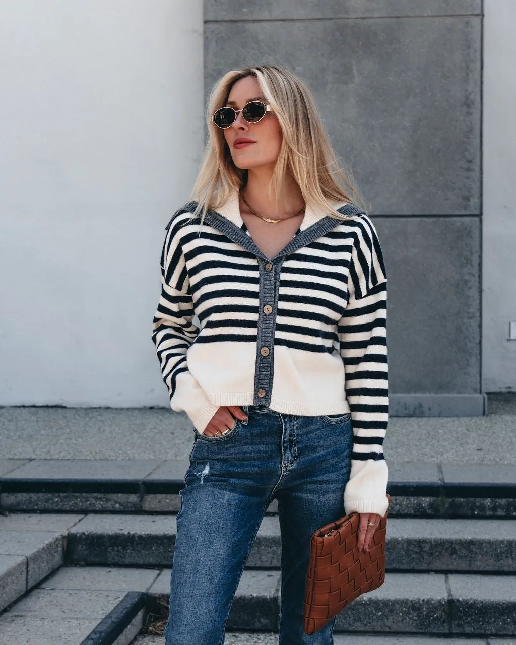 Cream and Navy Striped Sweater Cardigan