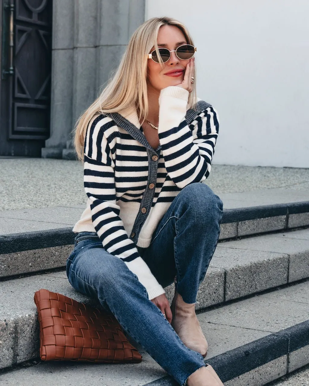 Cream and Navy Striped Sweater Cardigan