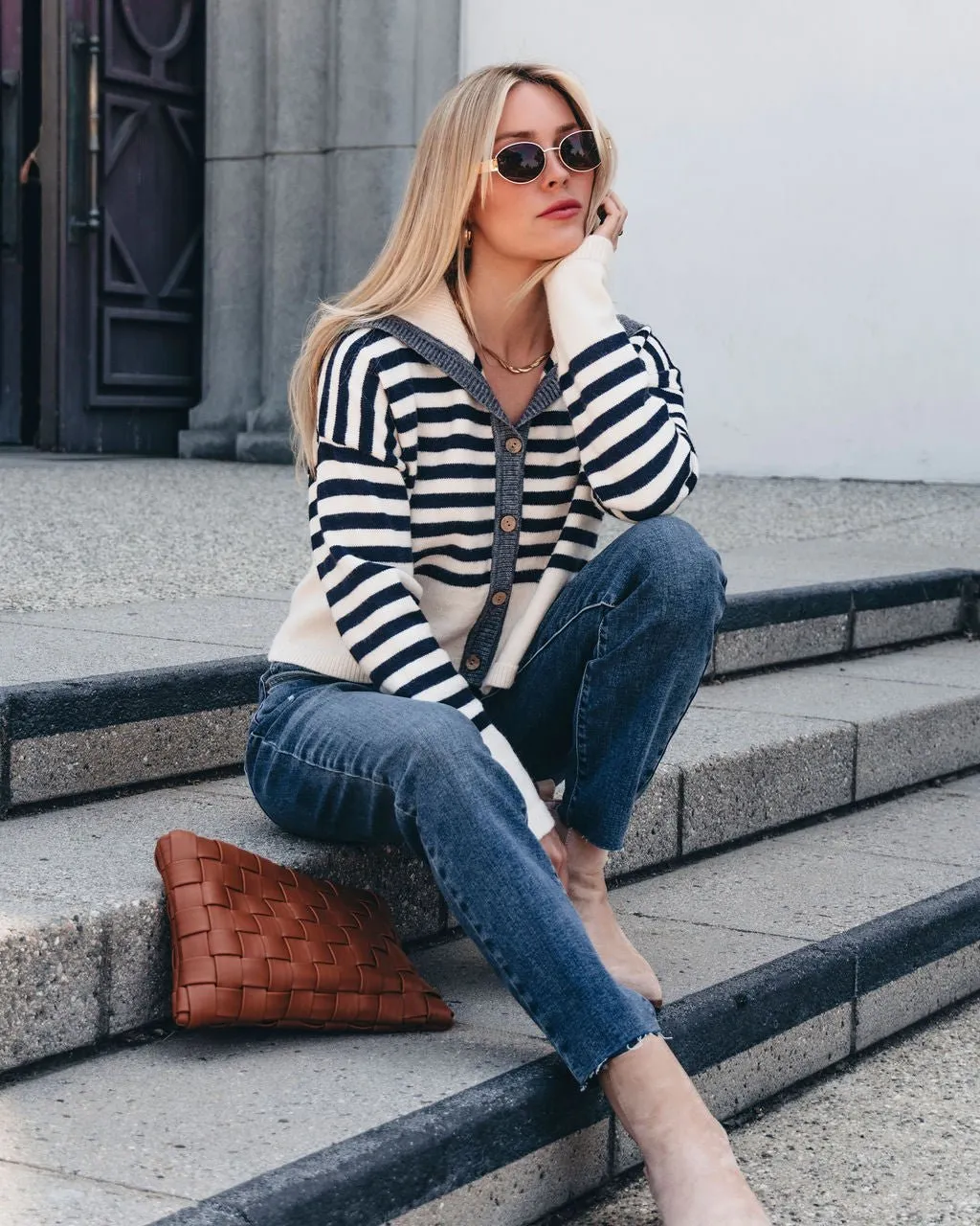 Cream and Navy Striped Sweater Cardigan