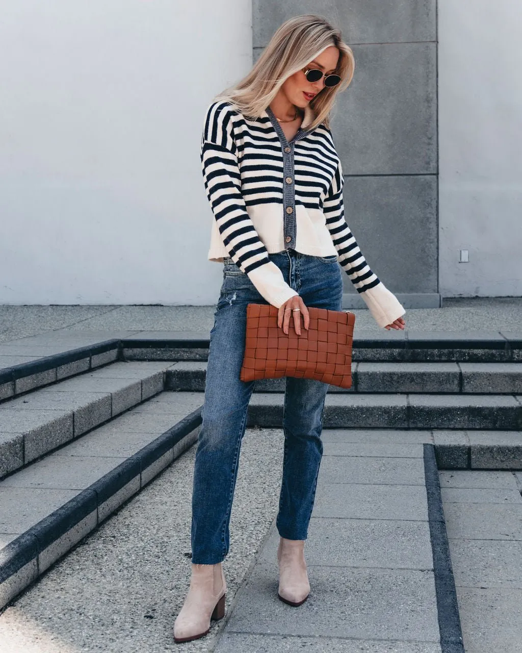 Cream and Navy Striped Sweater Cardigan