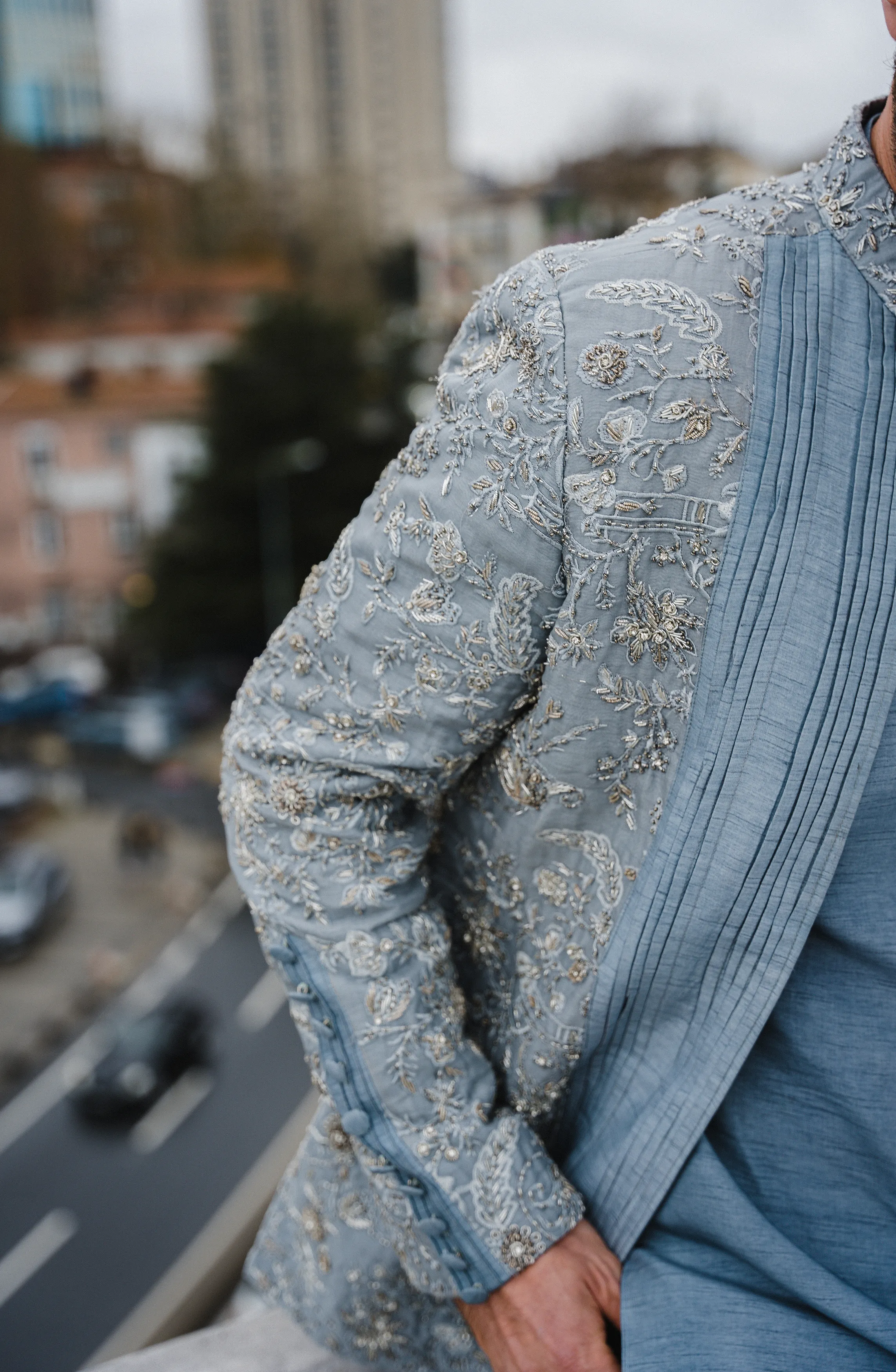 Embellished Ice Blue Prince Coat Paired with A Shirt and Pants