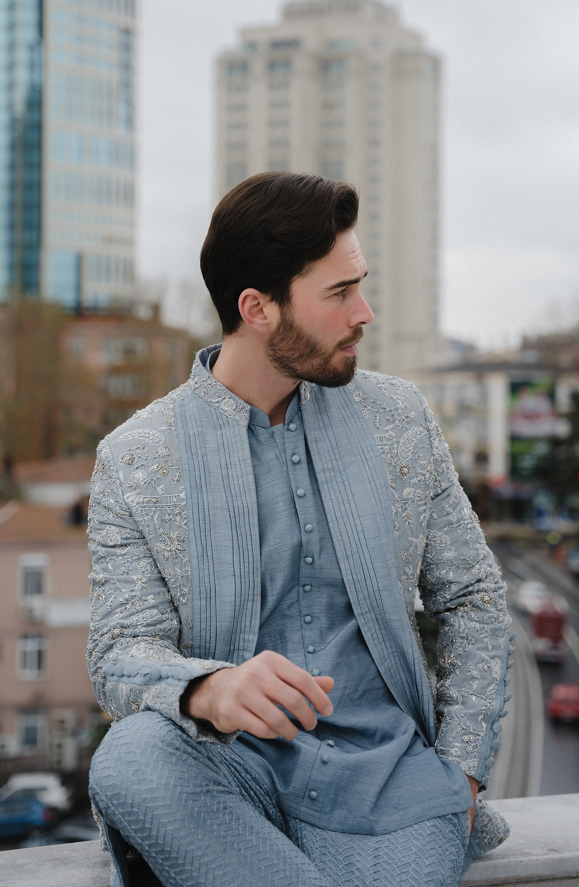 Embellished Ice Blue Prince Coat Paired with A Shirt and Pants