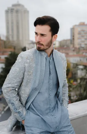 Embellished Ice Blue Prince Coat Paired with A Shirt and Pants