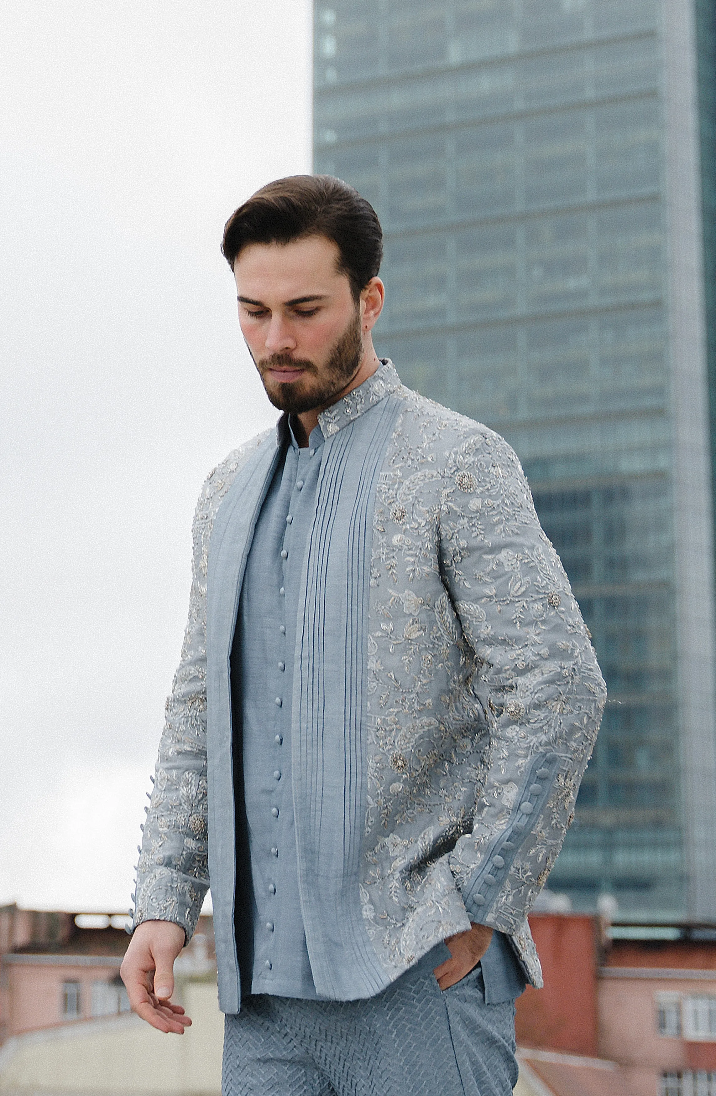 Embellished Ice Blue Prince Coat Paired with A Shirt and Pants