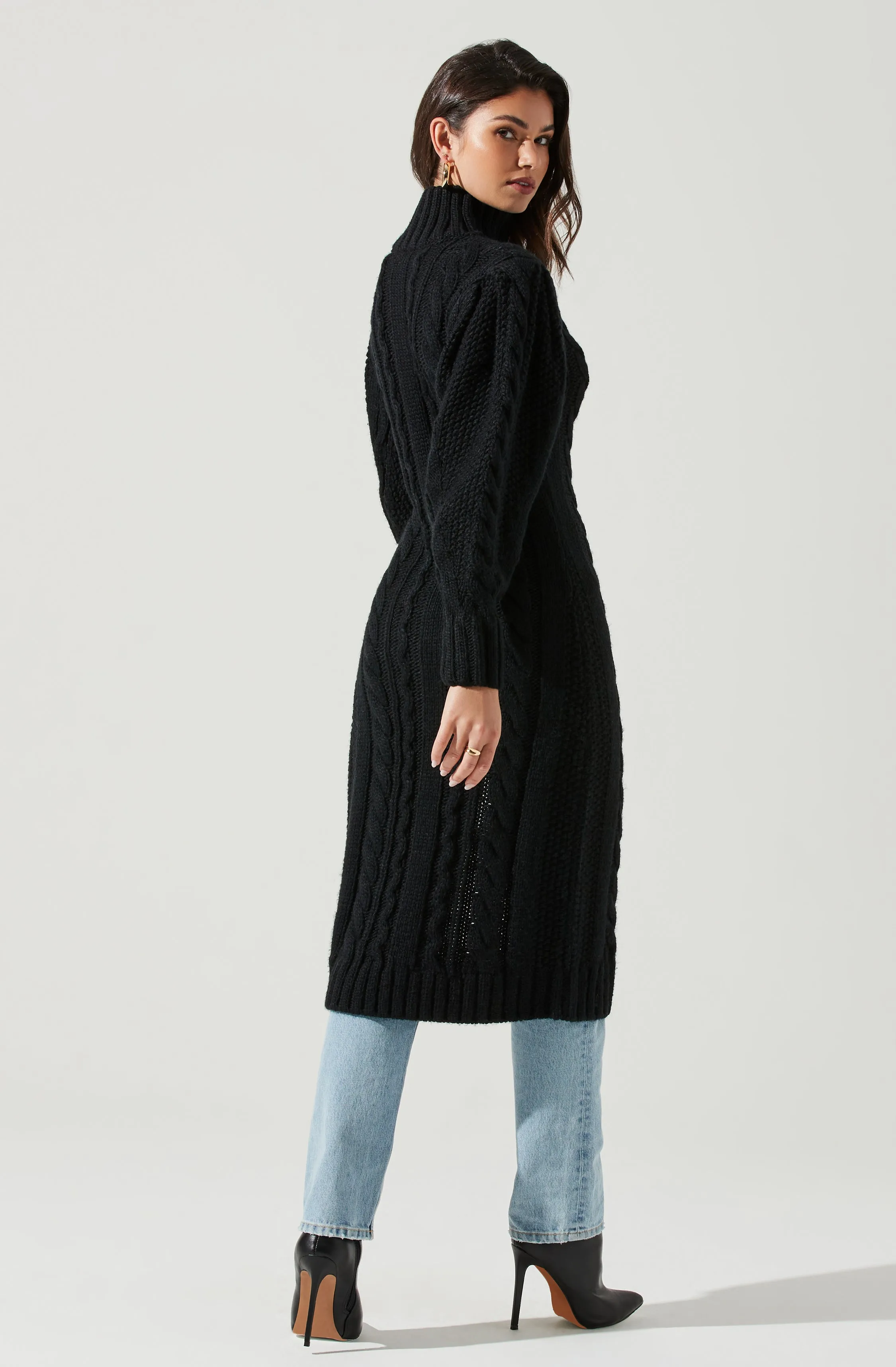 Evangelina Cable Knit Turtleneck Hi Slit Sweater